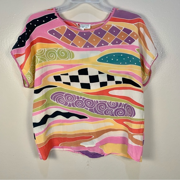 Vintage Tops - VTG Shanghai Art Waves Garment 100% Silk Printed Blouse